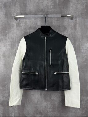 🚩steal Alexander Wang Black Leather Jacket with White Sleeves